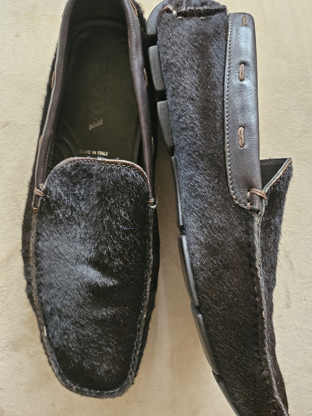 Prada Back Coffee Haircalf Men's Loafers